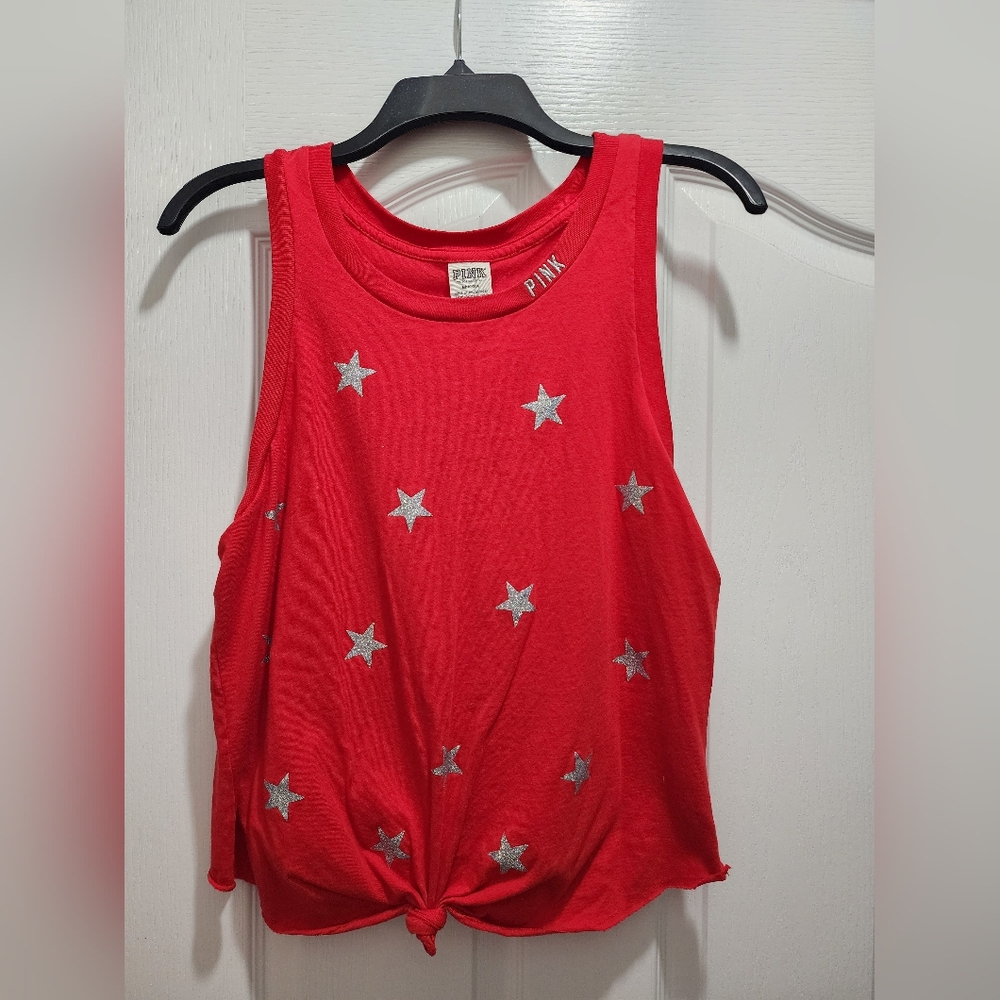 PINK Victoria Secret- Red Patriotic Tank Top with Silver Shiny Stars
